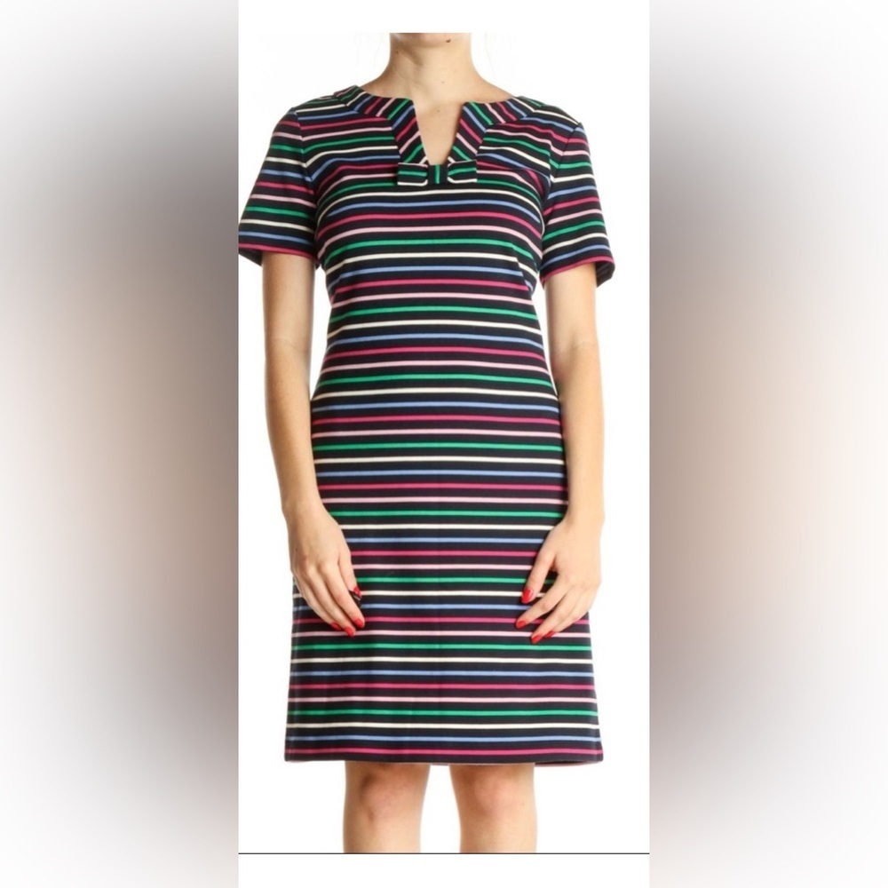 Talbots Bow Stripe Knit Dress V Neck Bow Colorful A Line Short Sleeve Size L
